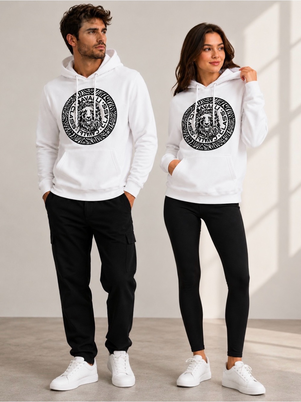 Cavalli Class White Lion Graphic Pullover Hoodie Men XL